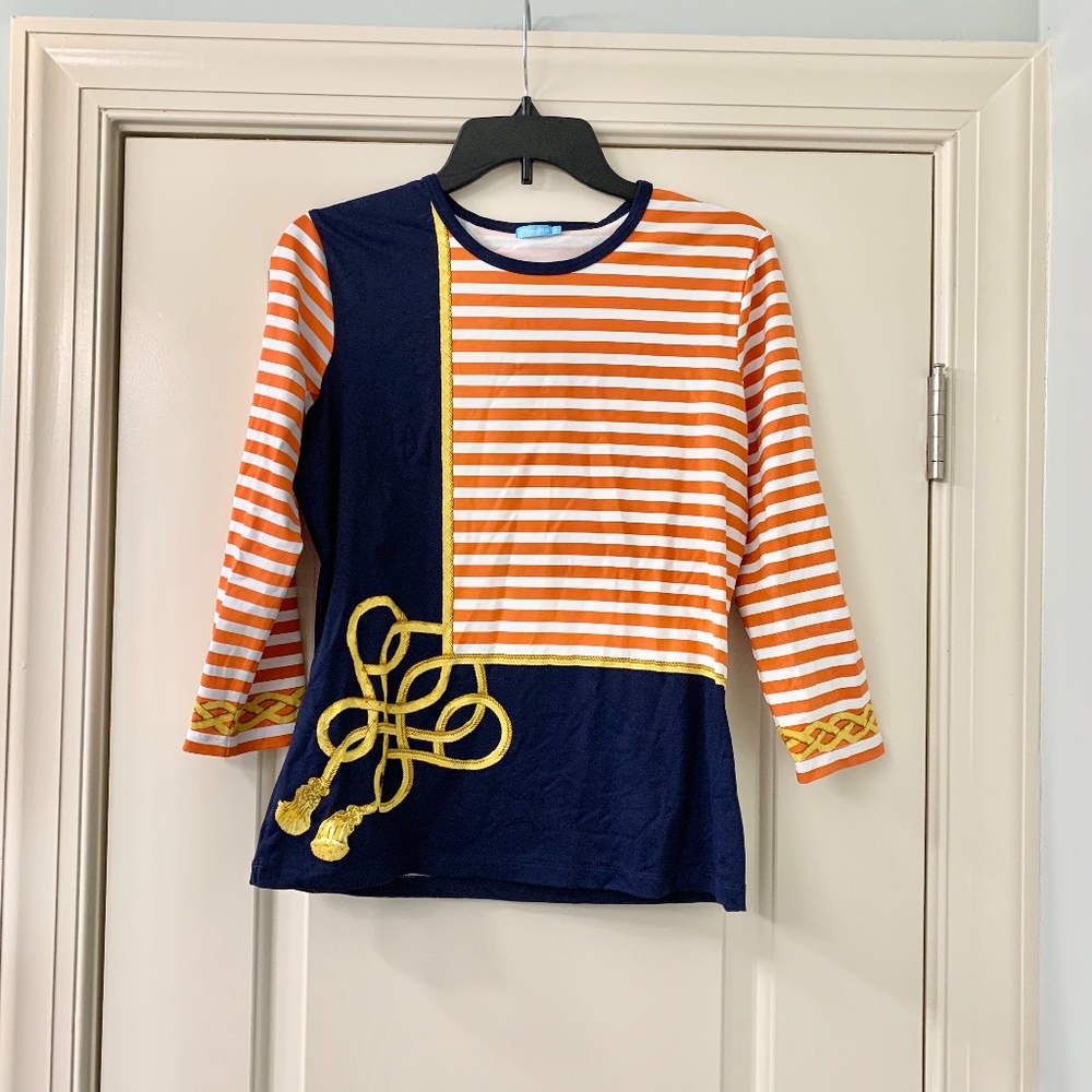 J. McLaughlin Nautical Navy Gold Rope Print Top M